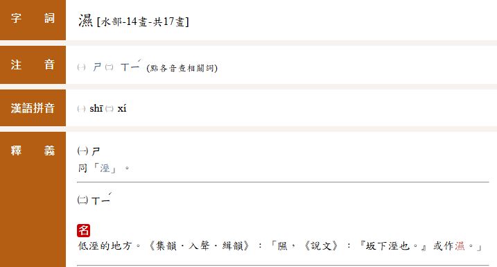 濕念作「ㄕ」時，與「溼」同意。（圖／翻攝自教育部編國語辭典修訂本）
