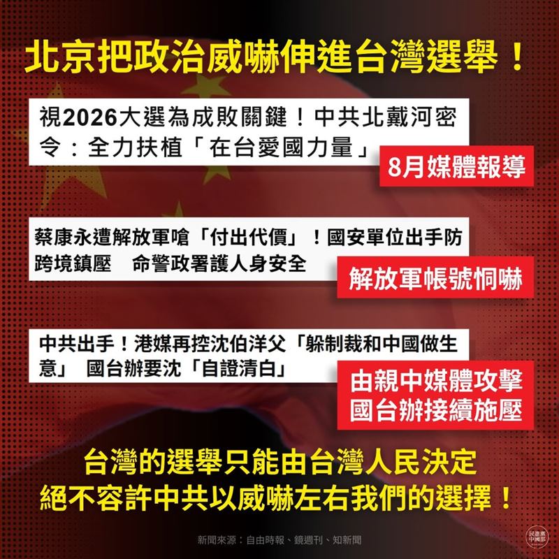 民進黨中國部強調，台灣的選舉只能由台灣人民決定，絕不容許中共以威嚇左右我們的選擇（圖／翻攝自民進黨中國部臉書）