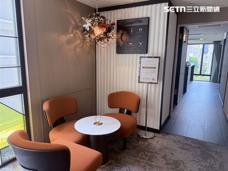 頂樓的聯名空中酒廊Lounge Vino,只要當入住房8樓,就有美酒可享用。(圖/記者李育道攝影)