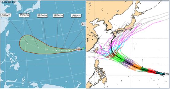 最新歐洲模式系集模擬顯示,「薔琵」在關島東方海面,向西北西前進,其未來行徑大多在日本南方海面、向東北大迴轉;各別系集模擬路徑則很分散,顯示「不確定性大」。(圖/老大洩天機)