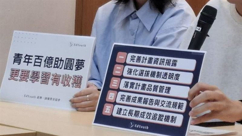 學生團體EdYouth臺灣一滴優教育協會今（16）日與臺灣青年民主協會、青年思潮等青年團體同召開記者會，針對青年百億海外圓夢基金計劃，呼籲強化經費透明、青年權益及長期成效追蹤。（圖／記者周佩怡攝影）