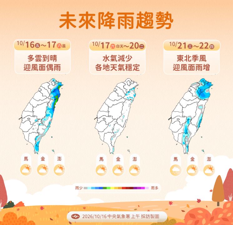 今晚到明晨水氣稍增、下週三再有東北季風增強。(圖/氣象署)