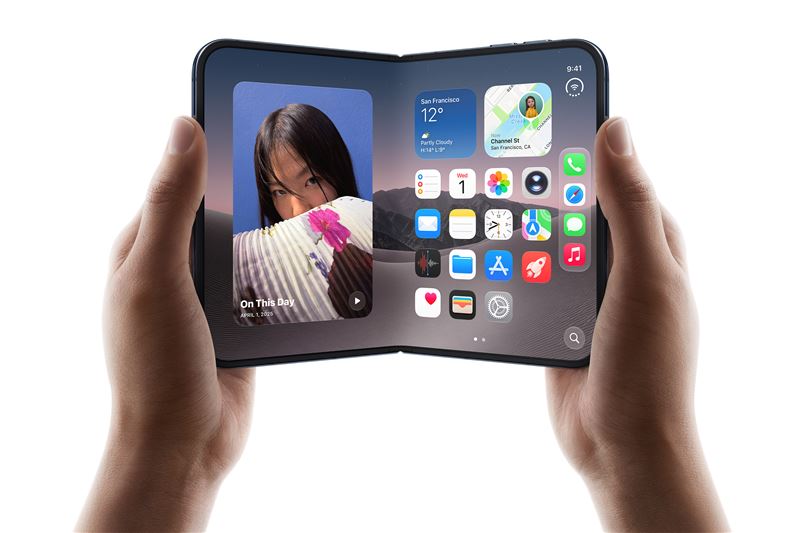 Apple首款摺疊手機iPhone Duo,7.6吋超Retina XDR內螢幕、搭載A20 Pro晶片與專為摺疊螢幕打造的iOS 27。(圖/品牌業者提供)