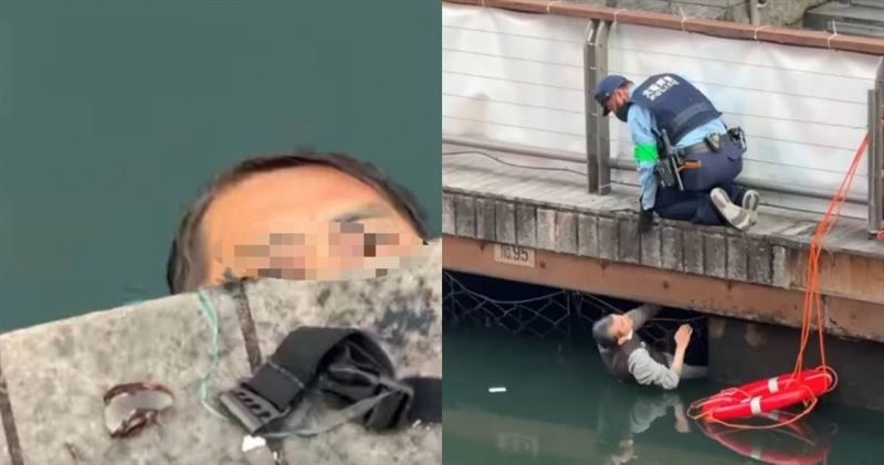 台灣遊客在日本大阪知名地標「固力果跑跑人」看板拍照時，意外發現有人受困河中。（圖／翻攝自Threads／@yhze__授權）
