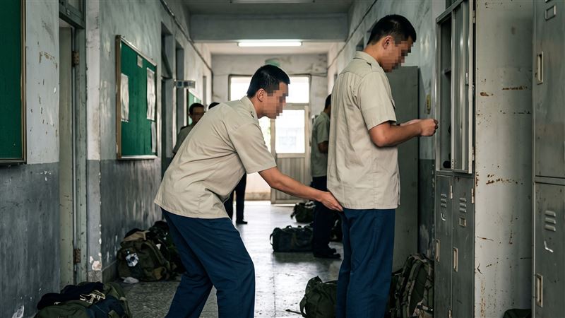 替代役男在成功嶺役中隊走廊上，趁另名隊員不注意，朝同袍「猴子偷桃」意圖性騷擾得逞。（示意圖／AI製圖）