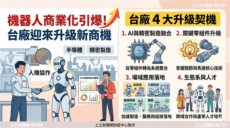 KPMG最新發表機器人產業洞察特刊指出,全球機器人正從技術驗證邁向商業化競賽。台灣憑藉半導體與精密製造優勢,若能深化系統整合與跨域協作,將有望搶佔下一波供應鏈升級商機。(AI製圖)