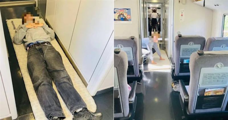 外籍旅客在台鐵列車上打地鋪，腳跨放車廂壁面。台鐵表示：列車長已制止。（圖／翻攝自「來談鐵路」臉書）