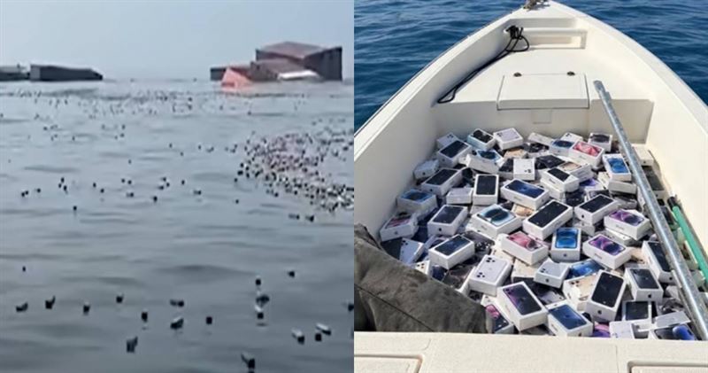 阿拉伯世界多家媒體近日流傳1段影片,畫面顯示貨櫃漂浮在海上,民眾搭乘小船打撈散落的貨物,甚至有船隻裝滿疑似iPhone的盒子。(圖/翻攝自半島電視台)