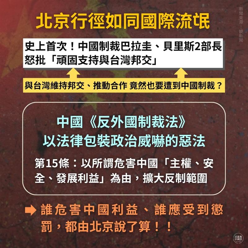 北京制裁台灣友邦巴拉圭、貝里斯政要，民進黨中國部表示，北京的行徑如同國際流氓。（圖／翻攝自民進黨中國部臉書）