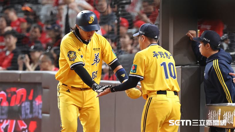中職37年台灣大賽G2,中信兄弟捕手高宇杰跑回第1分,和總教練平野惠一擊掌。(圖/記者劉彥池攝影)