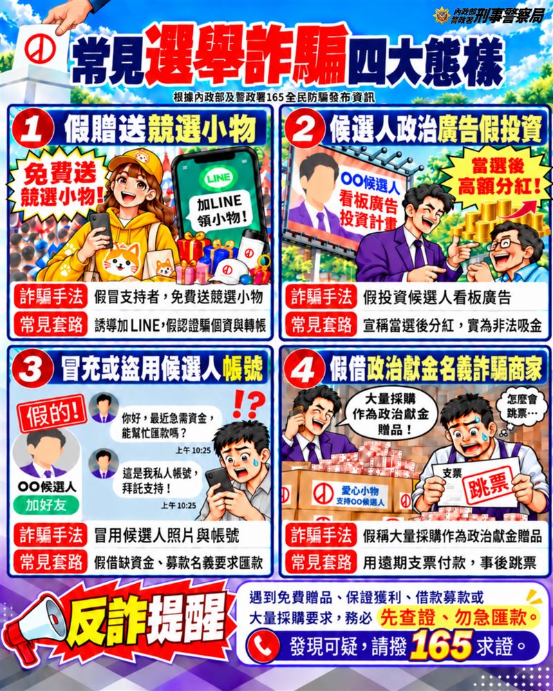 刑事局公布4大常見選舉詐騙手法。(圖/刑事局提供)
