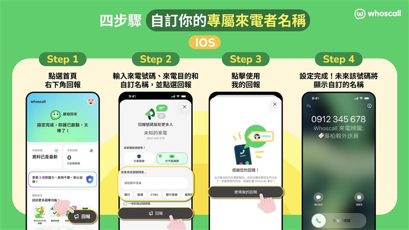 自訂來電者名稱於 iOS 和 Android 雙平台上線；iOS 開啟功能流程。（圖／Whoscall提供）