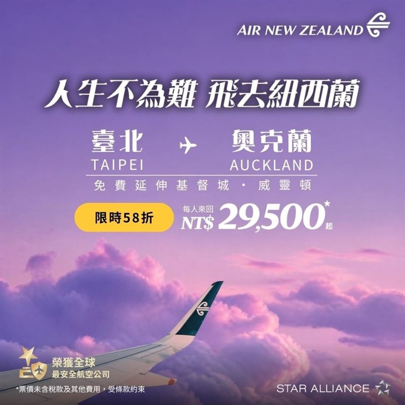 紐西蘭航空10月20日至11月9日推出年度線上旅展優惠，經濟艙來回票價29,500元起。（圖／航空業者提供）