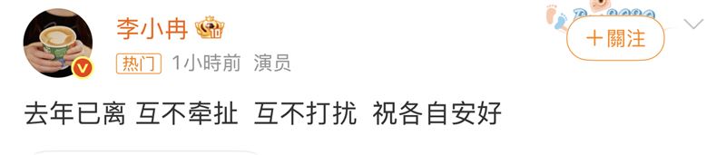 李小冉發文透露去年簽字離婚。(圖/翻攝自微博)