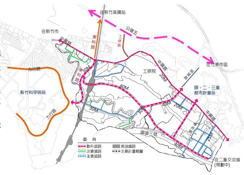 「竹科三期」交通系統計畫明列，區內主要聯外道路系統將「首要考慮東科路、學府路」。（圖／翻攝畫面）