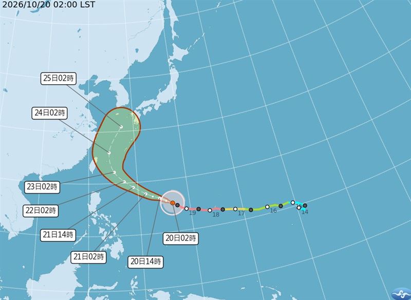 強烈颱風薔琵目前位於鵝鑾鼻東南東方1800公里之處。（圖／中央氣象署）