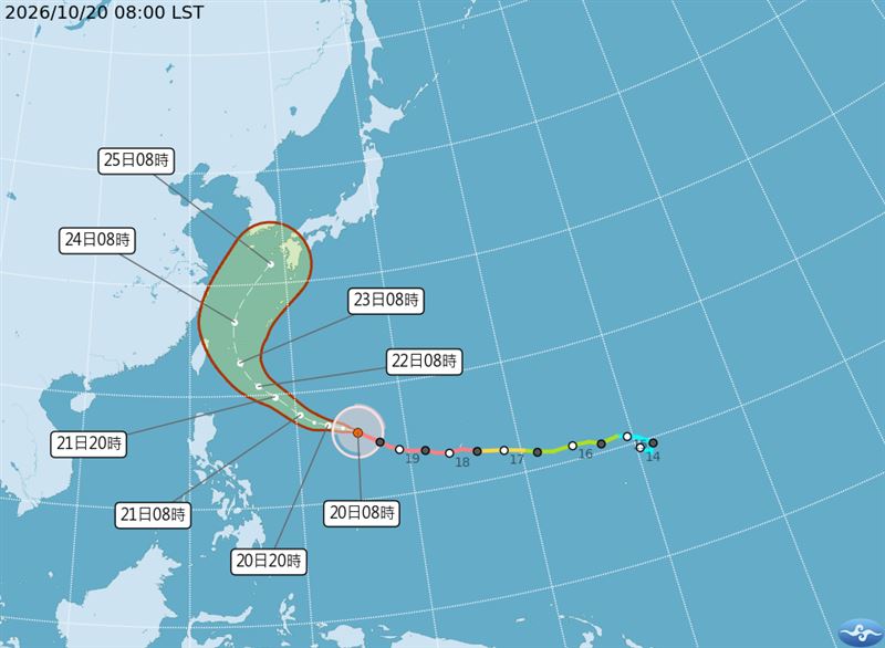 中央氣象署今(20)日表示,颱風最快21日深夜至22日上午發布海上颱風警報,若路徑更靠近台灣,不排除22日晚間發布陸上颱風警報。(圖/翻攝自中央氣象署官網)