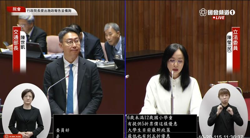交通部長陳世凱今(20)日在立法院答詢時表示,已請台鐵公司研議將優惠對象擴大至12歲至18歲國高中生,希望最快明年1月推出。(圖/國會頻道)