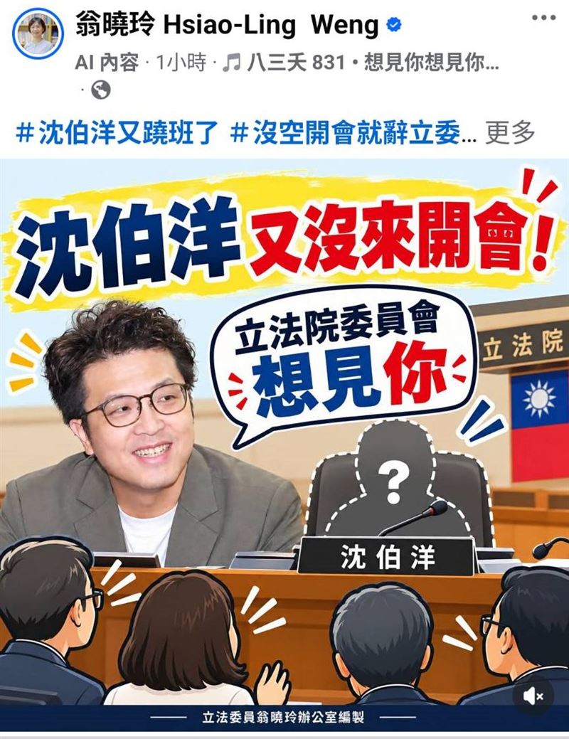 翁曉玲發文翁直呼,沈伯洋應該竊喜的是,大家從來不曾像現在如此這般~在立院想見你……(圖/翻攝自翁曉玲臉書)