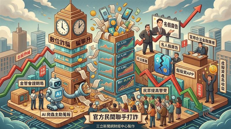 今年前三季 Google 與 Meta 詐騙通報數達2萬379件並逐季攀升。金管會推估與台股熱絡及AI爬蟲蒐報效率提升有關。（圖／三立新聞網財經中心蕭榕AI製圖）