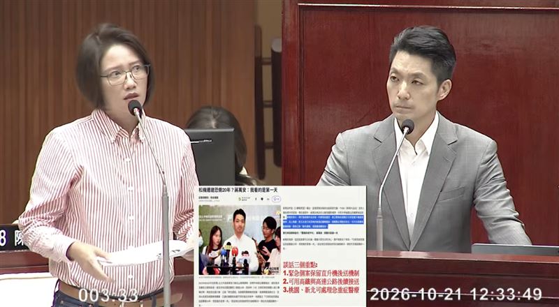 林延鳳質疑,知道桃園機場到桃園高鐵站距離多遠?開車要多久嗎?蔣萬安竟回應稱,「不會很遠啊」(圖/翻攝畫面)