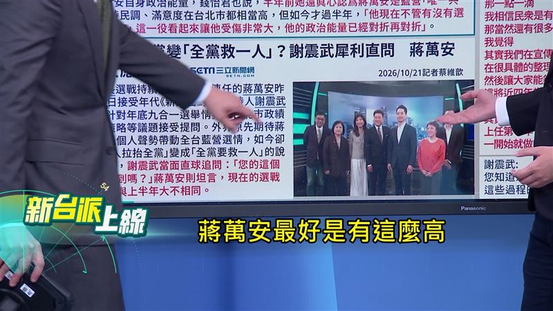 主持人李正皓對於蔣萬安合照時突然長高十分疑惑。(圖/新台派上線)