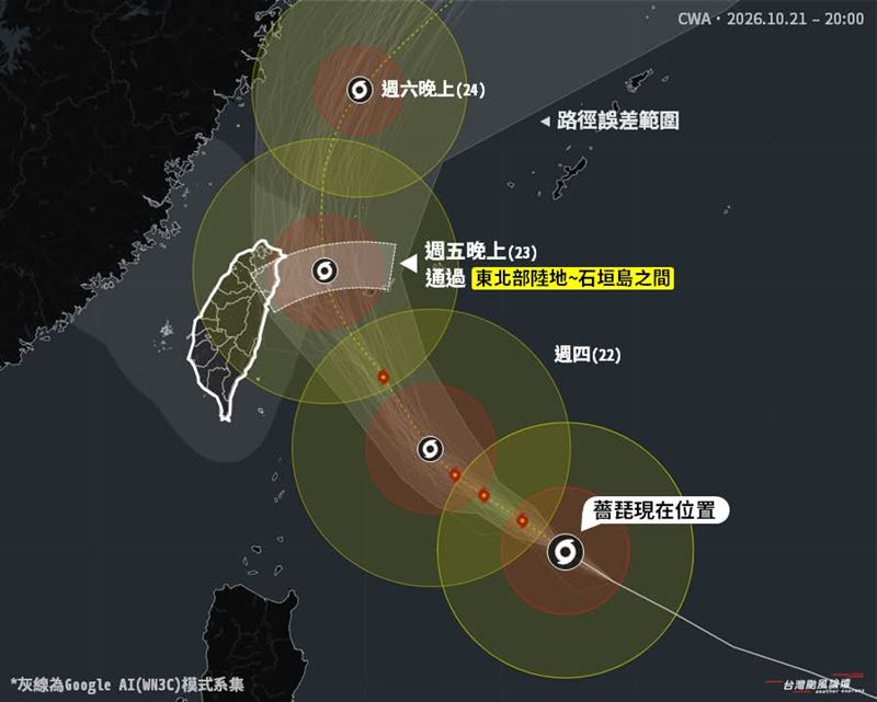 台灣颱風論壇表示,颱風中心可能會從東北部陸地至石垣島之間通過,不排除登陸。(圖/翻攝自「台灣颱風論壇|天氣特急」Threads)