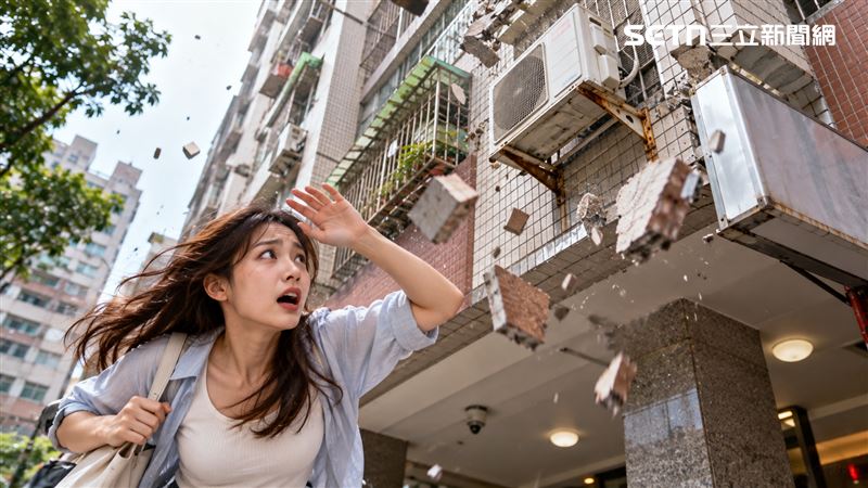 薔琵颱風逼近,台灣建物亂象多,戴雲發提醒,應慎防「外牆磁磚、冷氣架、陽台外推、招牌、鐵窗、頂加」等六大項物品掉落傷人,若發生意外,屋主將有背負過失傷害刑責的可能。(AI示意/記者陳韋帆製)