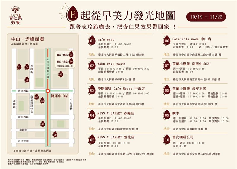 杏仁果效果「E起從早美力發光地圖」合作店家資訊。(圖/品牌業者提供)