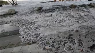 台東海水狂湧淹馬路！路邊機車整排全倒