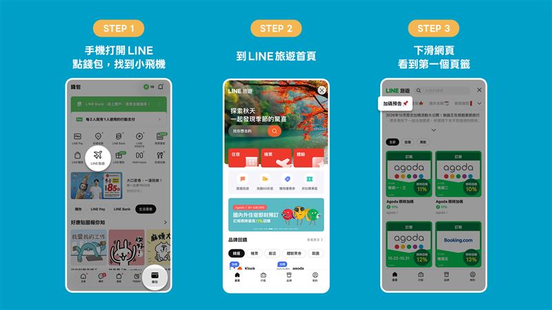 打開LINE旅遊搜尋「加碼預告」可即時掌握訂房優惠訊息。(圖/LINE旅遊提供)
