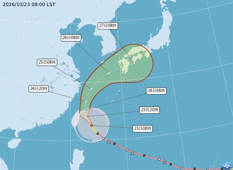 薔琵颱風將在明天下半天至週日逐漸遠離台灣。(圖/氣象署)