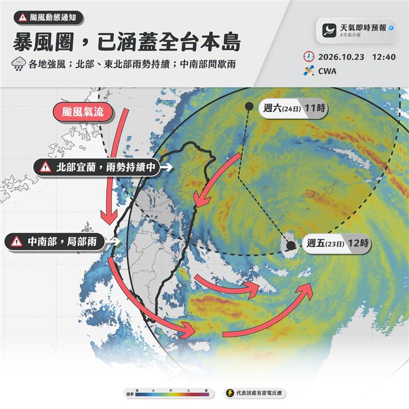 「天氣即時預報」今(23)天13:00發文寫下「暴風圈,已涵蓋全台本島」。(圖/翻攝自天氣即時預報臉書)