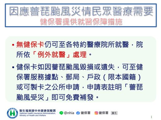 因應薔琵颱風災情民眾醫療需要,健保署提供就醫保障措施。(圖/健保署提供)