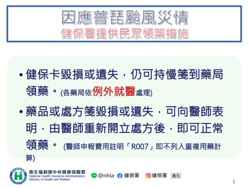因應薔琵颱風災情民眾醫療需要,健保署提供就醫保障措施。(圖/健保署提供)