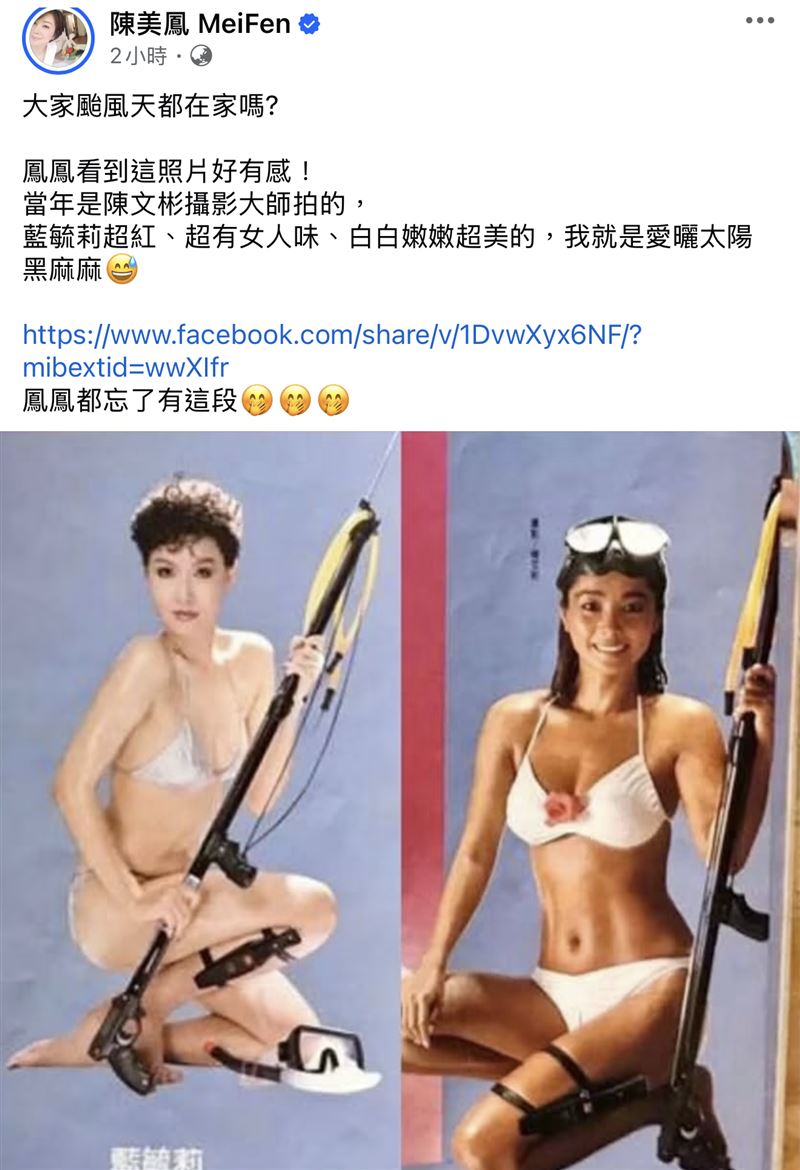 陳美鳳（右）PO出昔日比基尼嫩照，左為女星藍毓莉。（圖／翻攝自臉書）