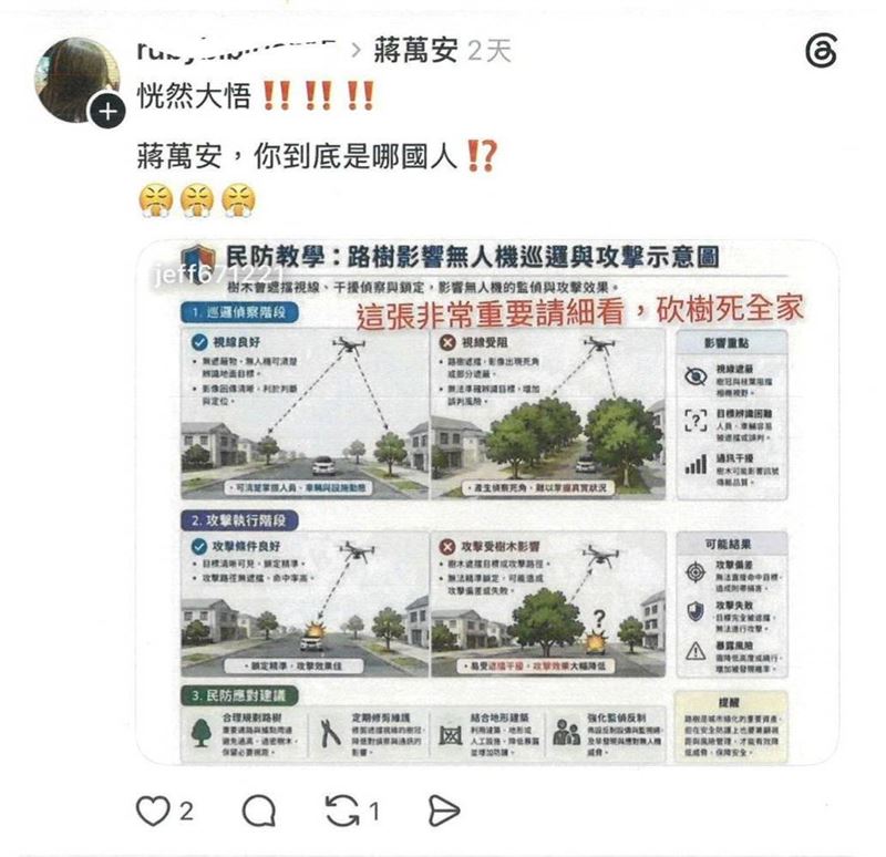 黃女轉發網友「砍樹死全家」圖片被依社維法函請簡易庭裁罰。(圖/翻攝自Threads)