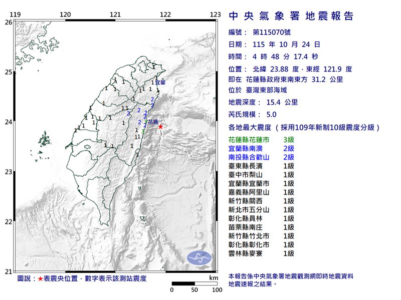 24日清晨4點48分,發生芮氏規模5.0有感地震。(圖/中央氣象署)