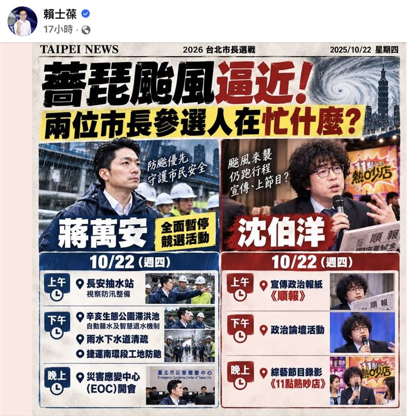 賴士葆接連發布兩張AI生成圖,抨擊沈伯洋颱風天跑選舉,反而遭到網友嗆聲提油救火。(圖/翻攝自賴士葆臉書)