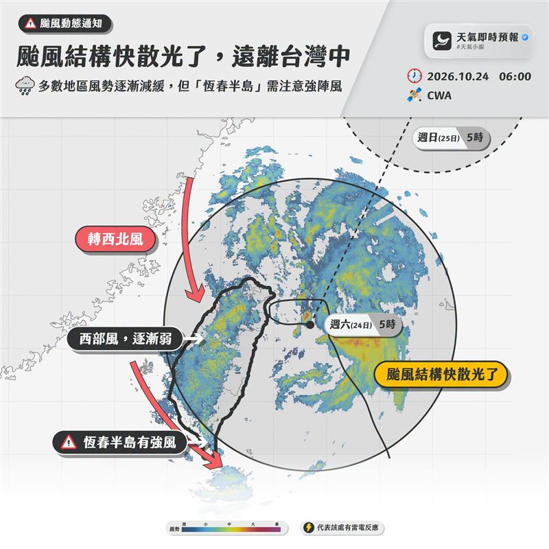 薔琵颱風結構快散光,遠離台灣中!(圖/翻攝自天氣即時預報)