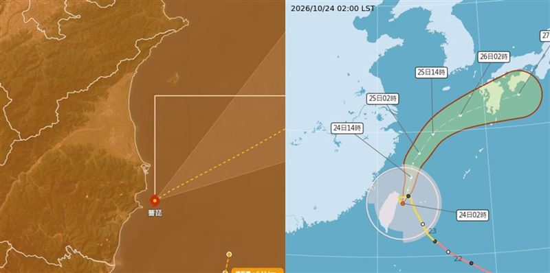 中颱薔琵受到導引氣流偏弱與地形影響,深夜突襲西甩並在宜蘭南方澳近海打轉,距離陸地最近僅約1公里。中央氣象署根據觀測資料判定薔琵並未登陸,打破57年最晚登陸紀錄告吹,預計最快於下午解除陸上颱風警報。(翻攝自臉書/台灣颱風論壇|天氣特急、氣象署)