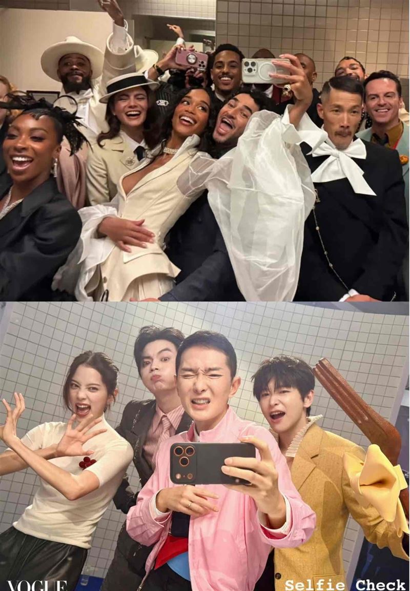 中國VOGUE盛典借鏡Met Gala,設置磁磚牆面與鏡子,讓藝人輪流在布景前對鏡自拍。(圖/翻攝自微博)