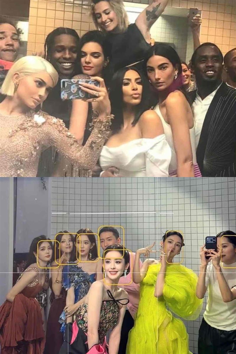 中國VOGUE盛典借鏡Met Gala,設置磁磚牆面與鏡子,讓藝人輪流在布景前對鏡自拍。(圖/翻攝自微博)