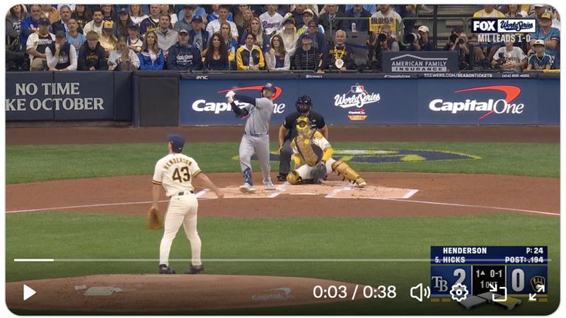 光芒捕手辛克斯(Liam Hicks)炸裂世界大賽首轟。(圖/翻攝自X平台 @MLB)