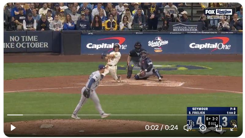 釀酒人右外野手佛里克(Sal Frelick)炸裂追平砲。(圖/翻攝自X平台 @MLB)