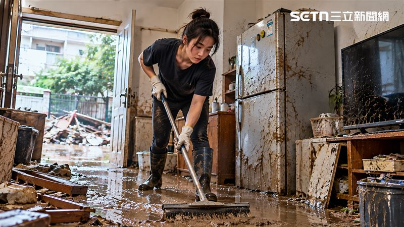 薔琵颱風此次造成不少區域發生淹水災情,淹水退去後,居家清理應留意用電安全、建材損壞及環境衛生,避免觸電、短路與發霉等問題,降低二次災害風險。(AI示意/記者陳韋帆製)