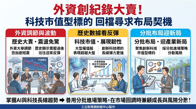 外資創紀錄大舉賣超與颱風逼近掀起台股連假前震盪,法人表示歷史經驗顯示賣壓過後,科技市值型指數後市表現依然可期。(AI製圖)