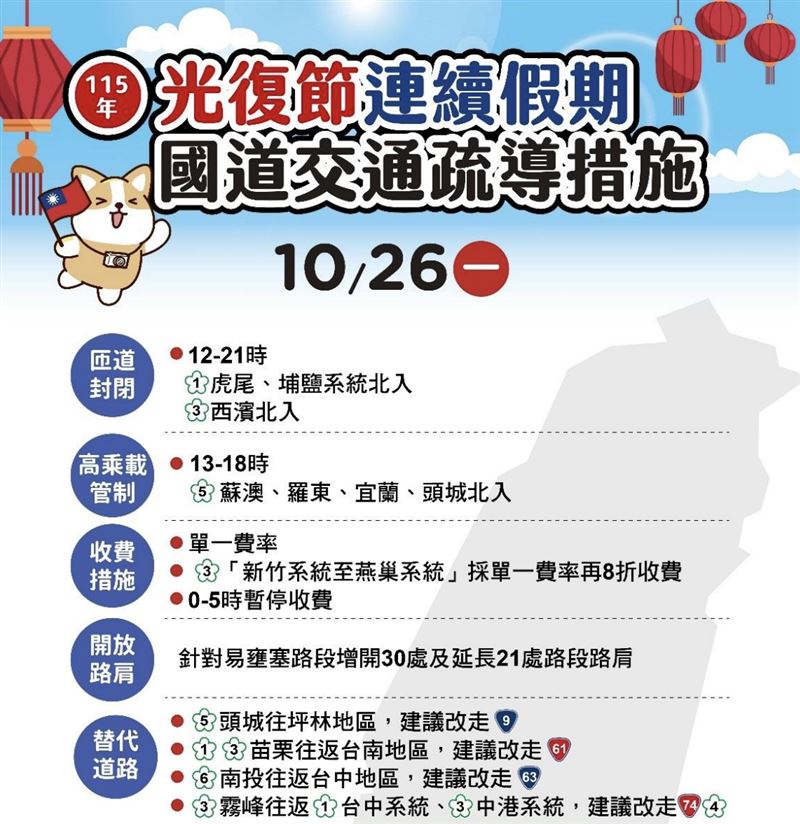 今日國道相關疏導措施。(圖/翻攝自高公局官網)