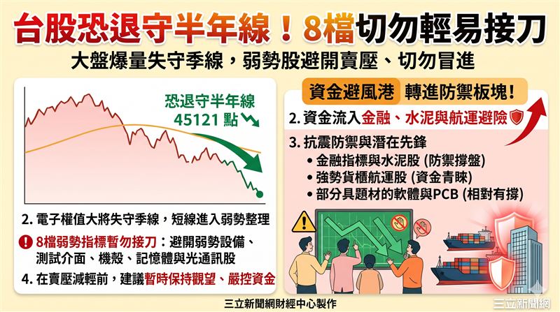 台股爆量跌破季線，電子權值領跌，短線恐退守半年線45121點。盤面資金轉進金融、水泥與航運避險，部分軟體與PCB相對抗跌。法人建議避開弱勢設備股，嚴控資金風險。（AI製圖）