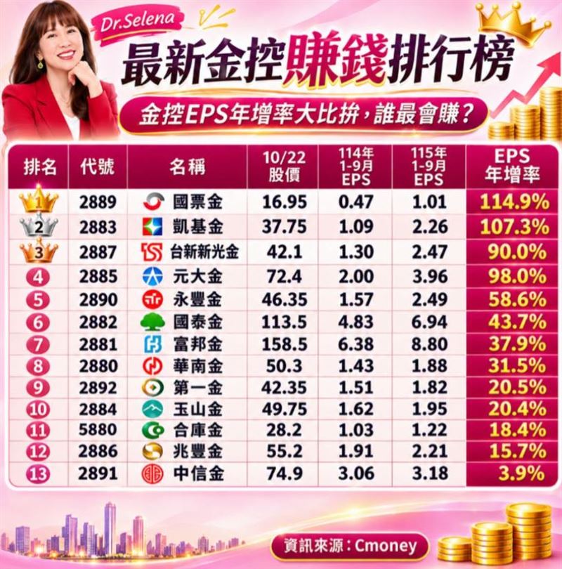 理財專家「小資理財教主」Dr.Selena（楊倩琳博士）分享最新金控賺錢排行榜！（圖／翻攝自Dr.Selena（楊倩琳博士）臉書）